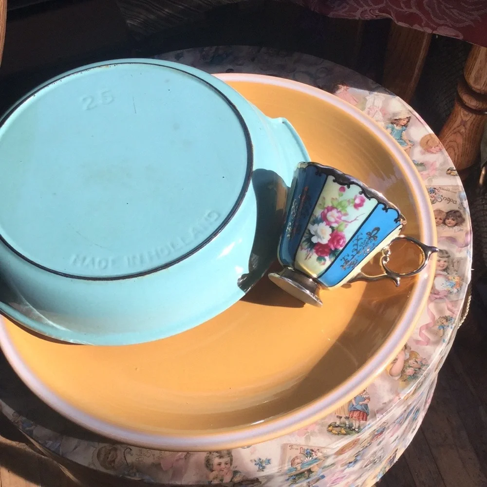⚜️  Vintage DUTCH ENAMEL AQUA  Saute Pan w/Handle Cookware Aqua 2.5 SWEET